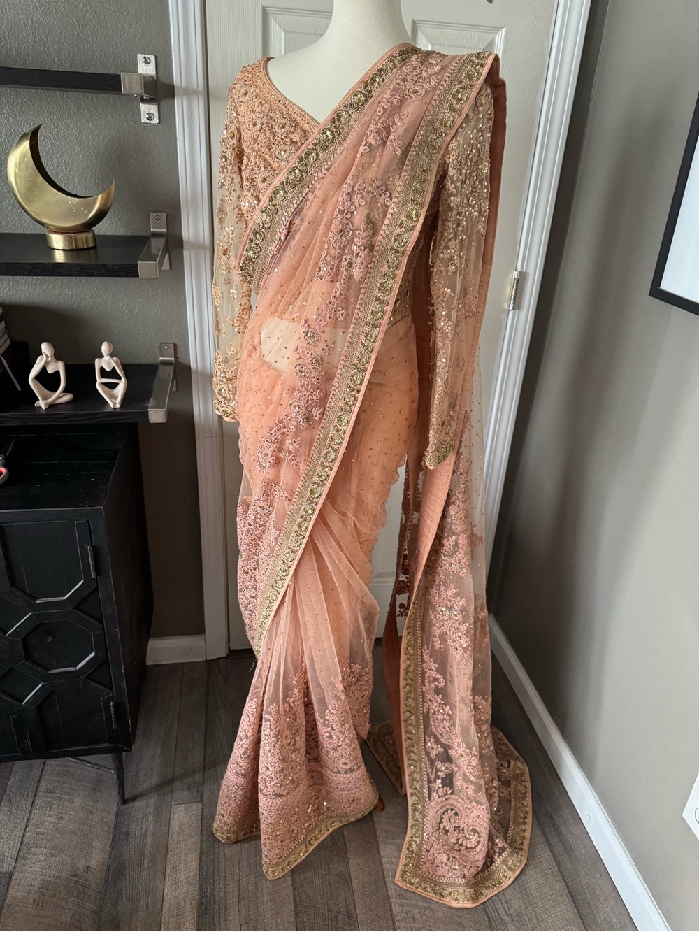 Frontier Peach Embellished Long Sleeve Saree new